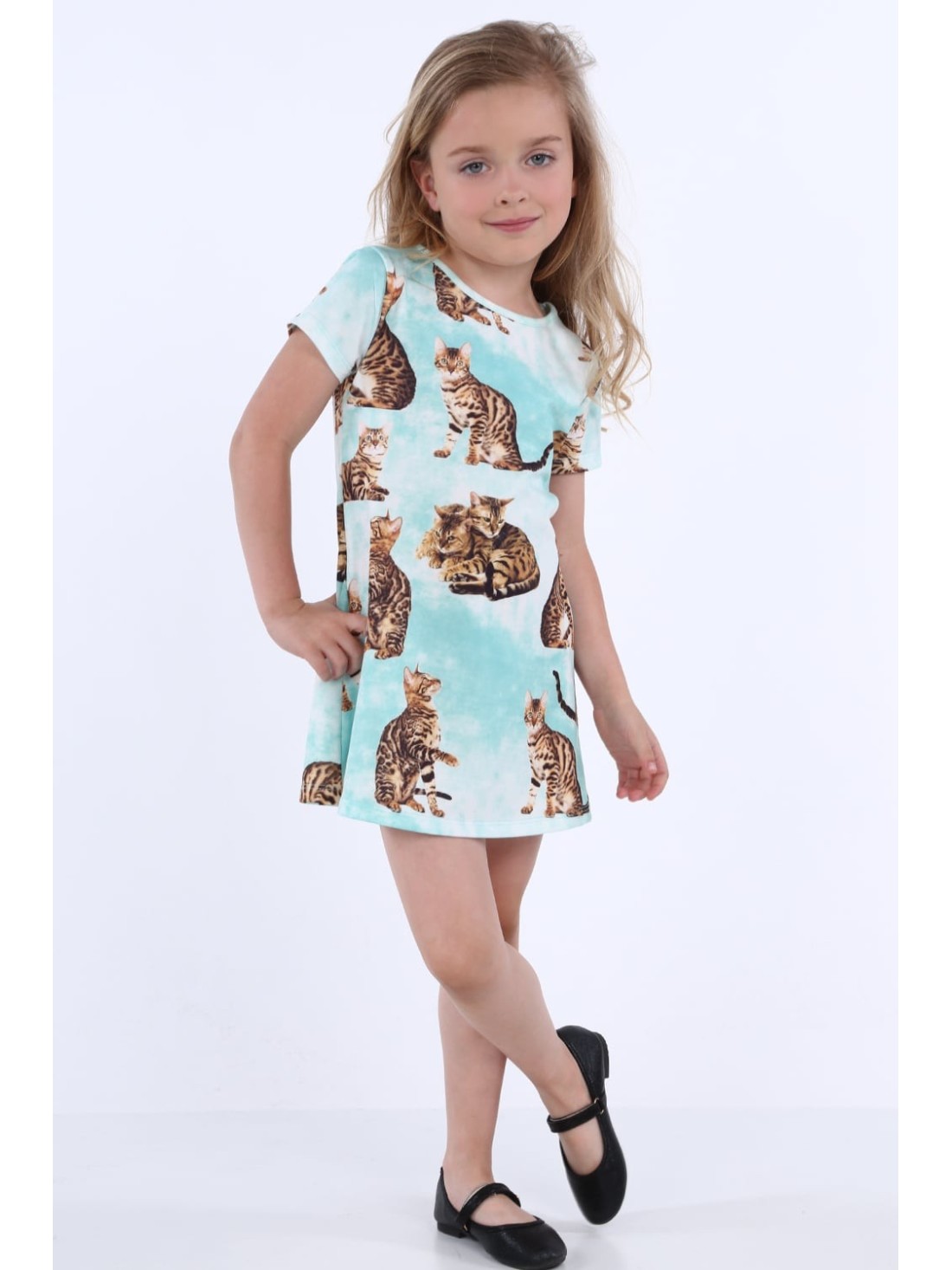 Girls\' dress with cats, mint NDZ8164 - Online store - Boutique